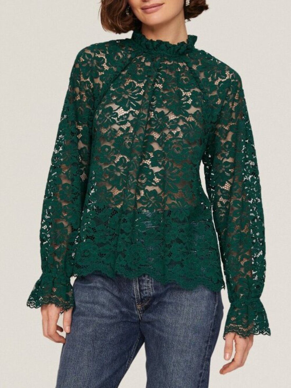 New Hill House Millie Lace Ruffle Neck Blouse Emerald Small